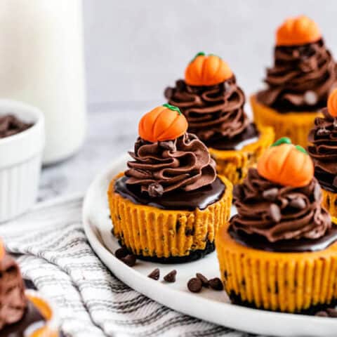 mini pumpkin cheesecakes on a plate that's on a dish towel