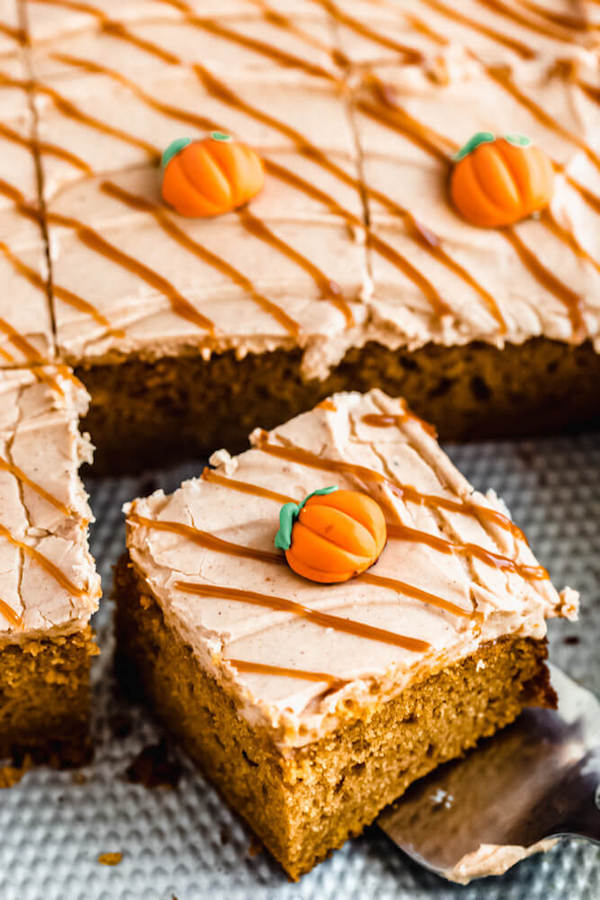 pumpkin cake topped with cream cheese frosting in a rectangle cake pan