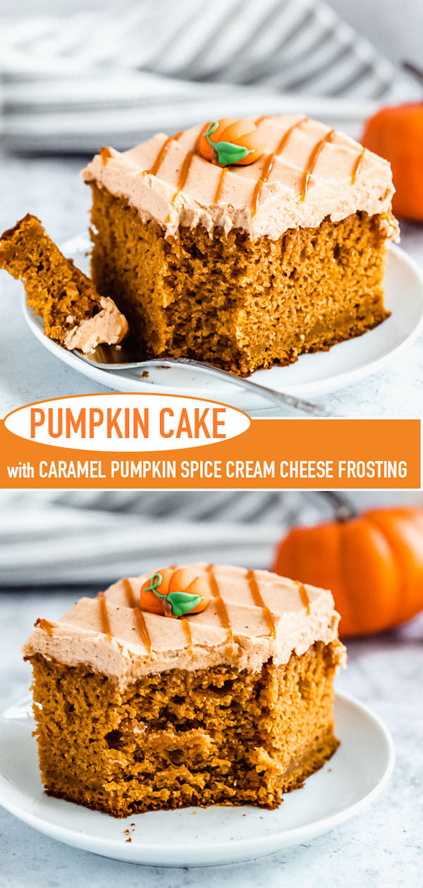 slice of pumpkin cake topped with caramel pumpkin spice cream cheese frosting Pinterest image