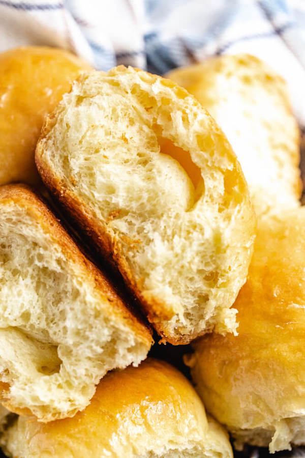 close up of dinner roll cut in half