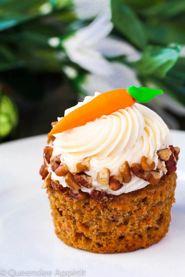 carrot cupcake on a white plate