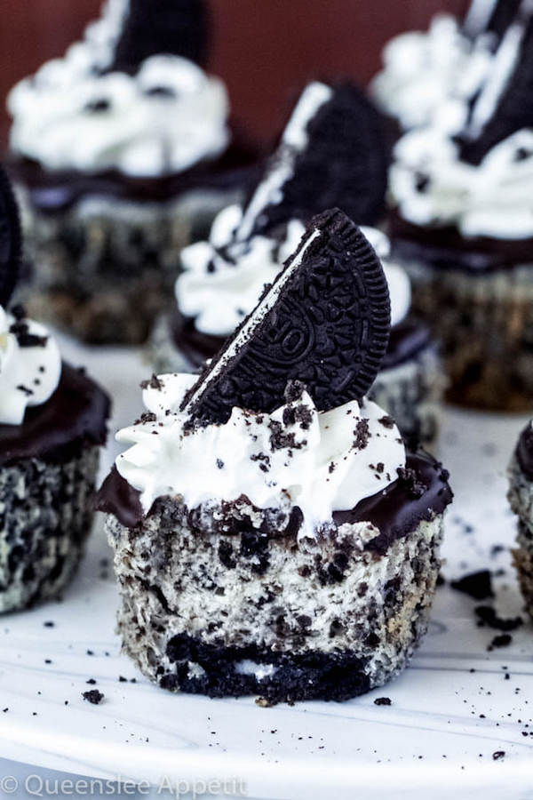 small Oreo cheesecake cupcake cut in half