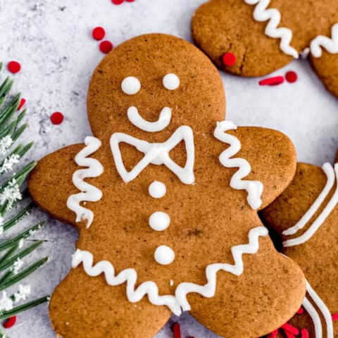 close up of decorated gingerbread man cookie