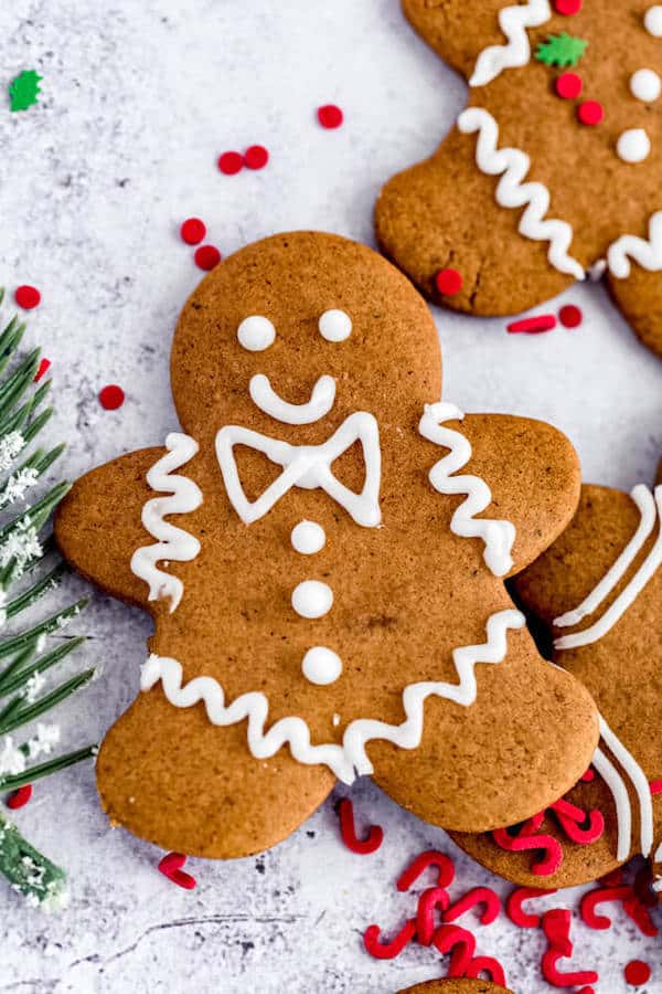 close up of decorated gingerbread man cookie