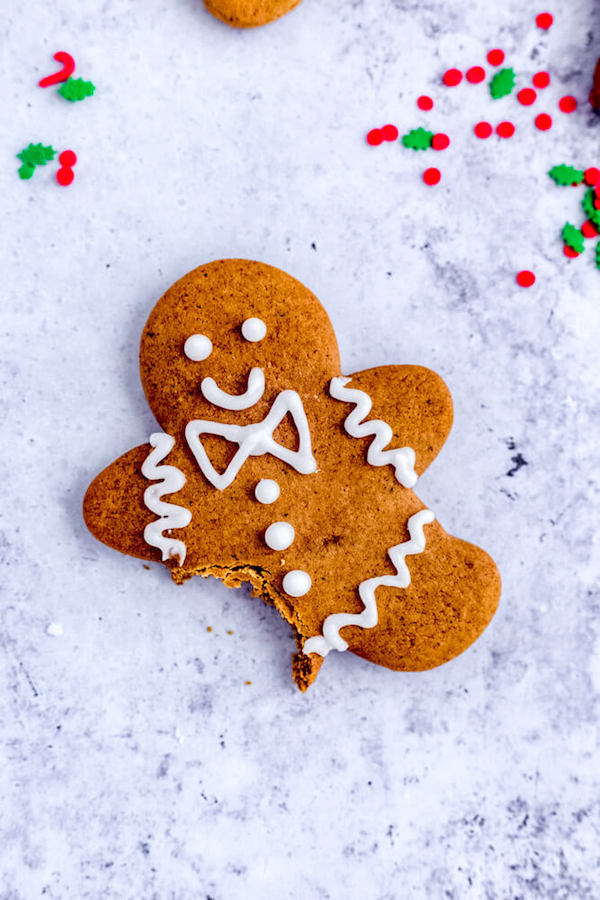 one gingerbread man cookie with the leg bitten off