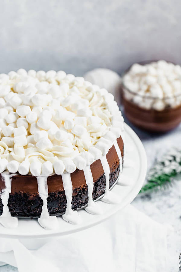 chocolate cheesecake topped with marshmallows sitting on a cake stand