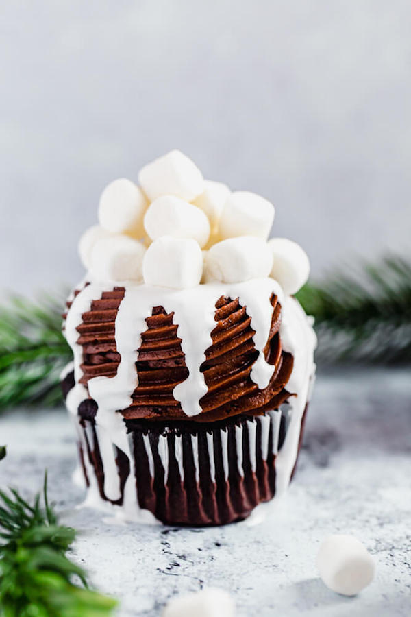 one hot chocolate cupcake with green branches