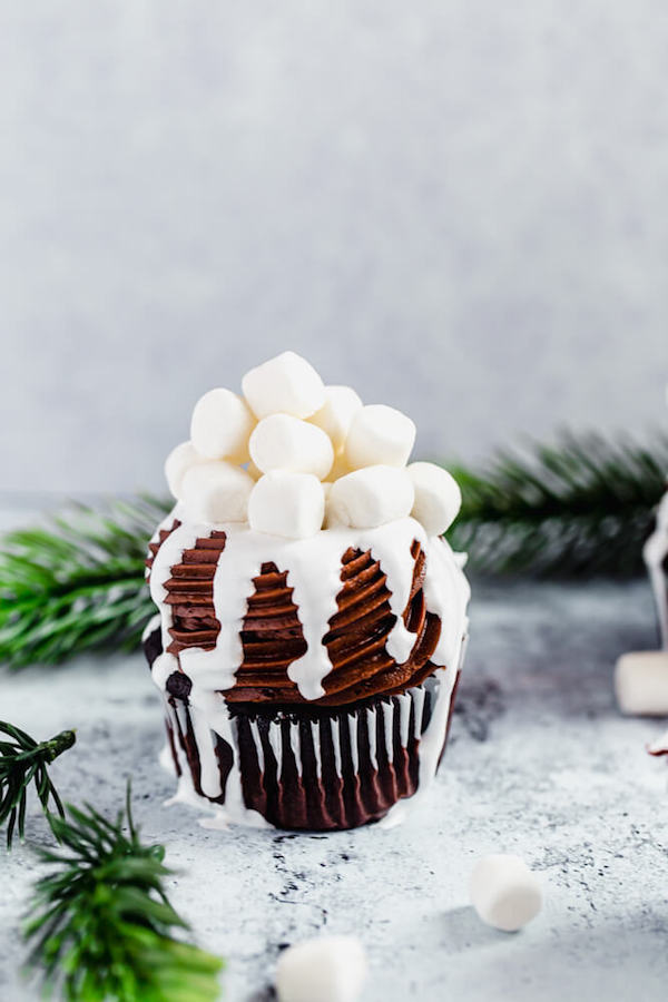 one hot chocolate cupcake with green branches