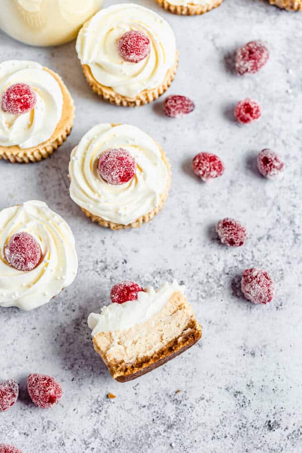 top of mini eggnog cheesecakes with one cut in half