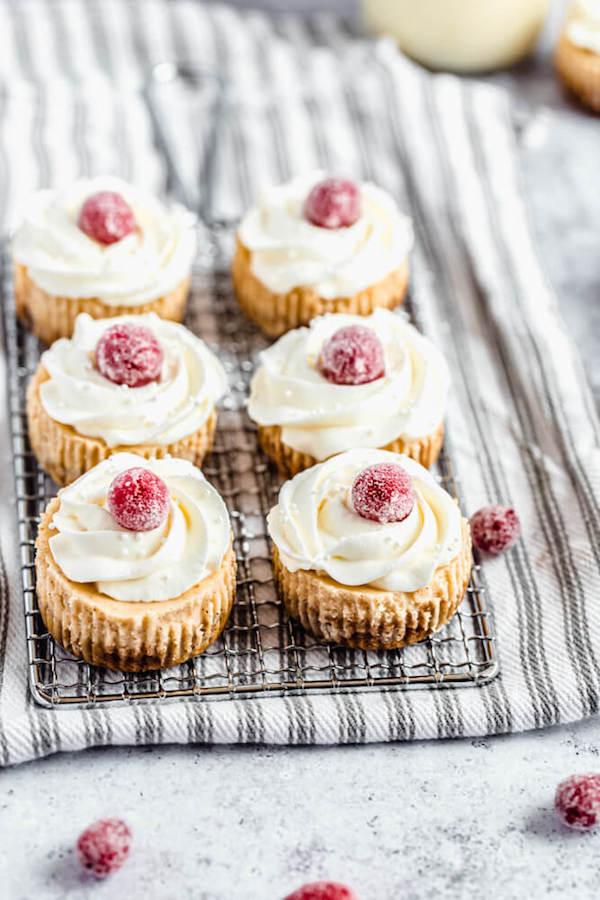 mini eggnog cheesecakes on a safety grater that's on a striped dish towel