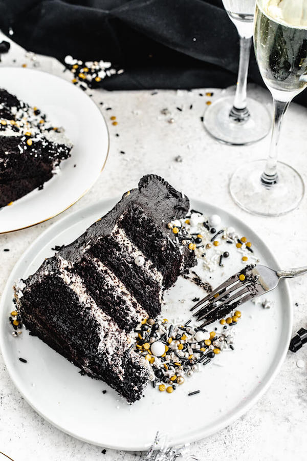 half eaten dark chocolate cake on a white plate