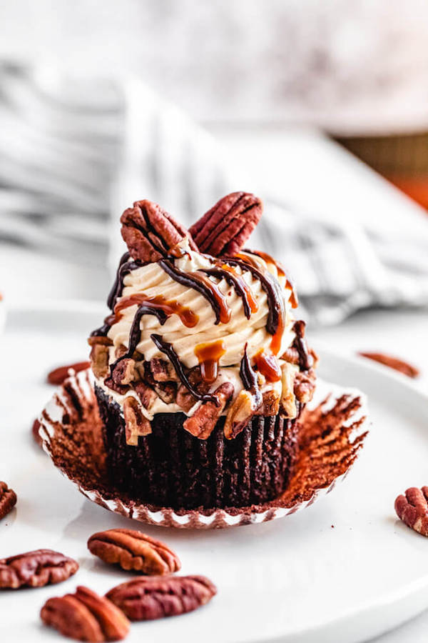 unwrapped chocolate pecan caramel cupcake