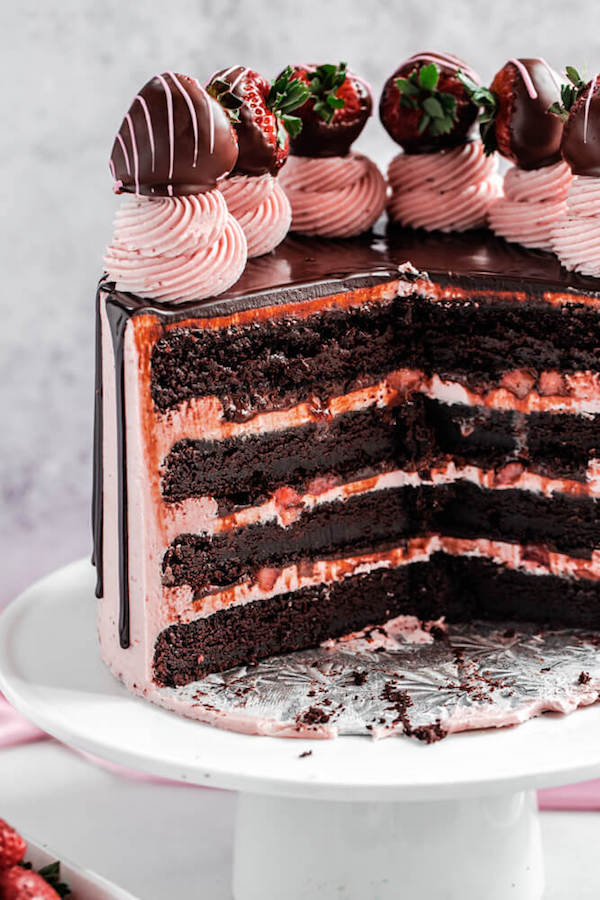 cut open cake on a cake stand