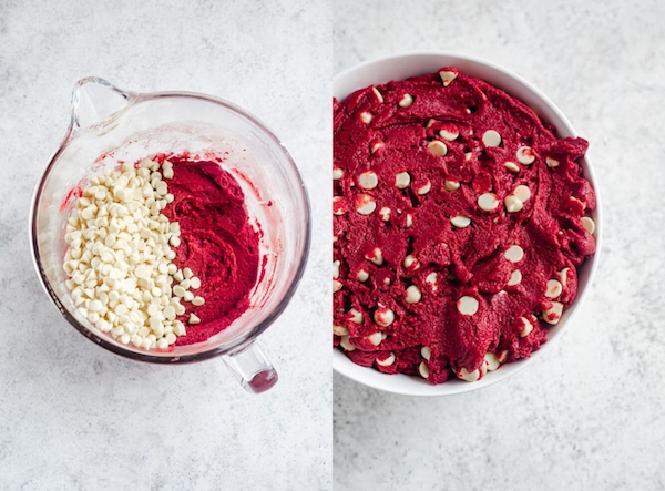 two photo collage of white chocolate chips in red velvet cookie dough