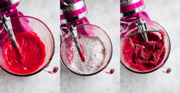 three photo collage of how to make red velvet flavoured cookie dough