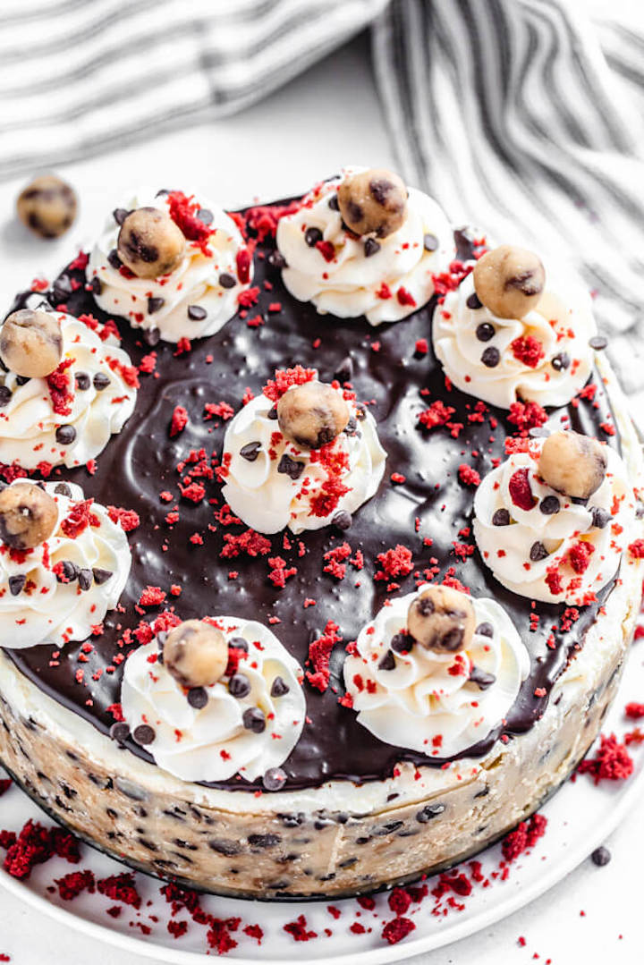 top view of cheesecake topped with cookie dough