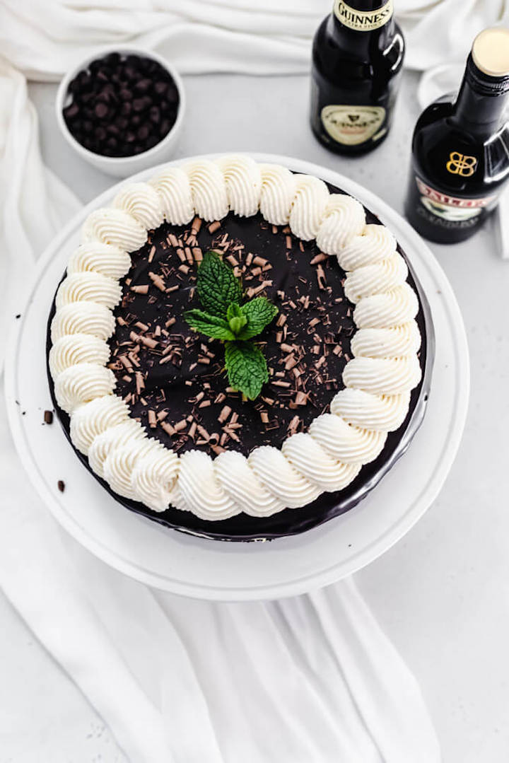 overhead shot of cheesecake on a cake stand