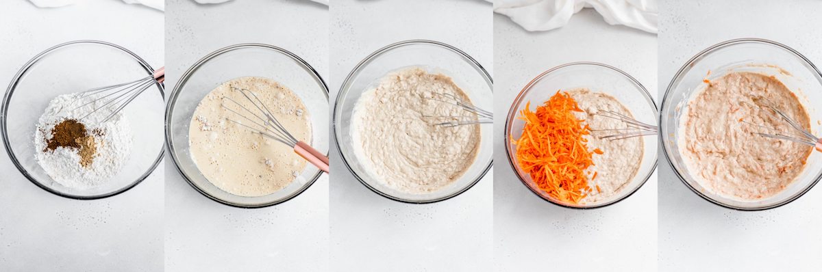 five photo collage of how to mix carrot pancake batter