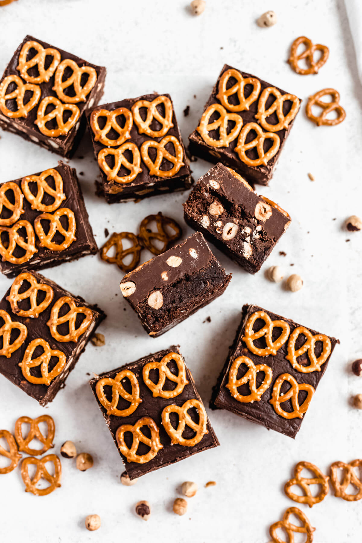 top view of pretzel topped brownies with two standing on their sides