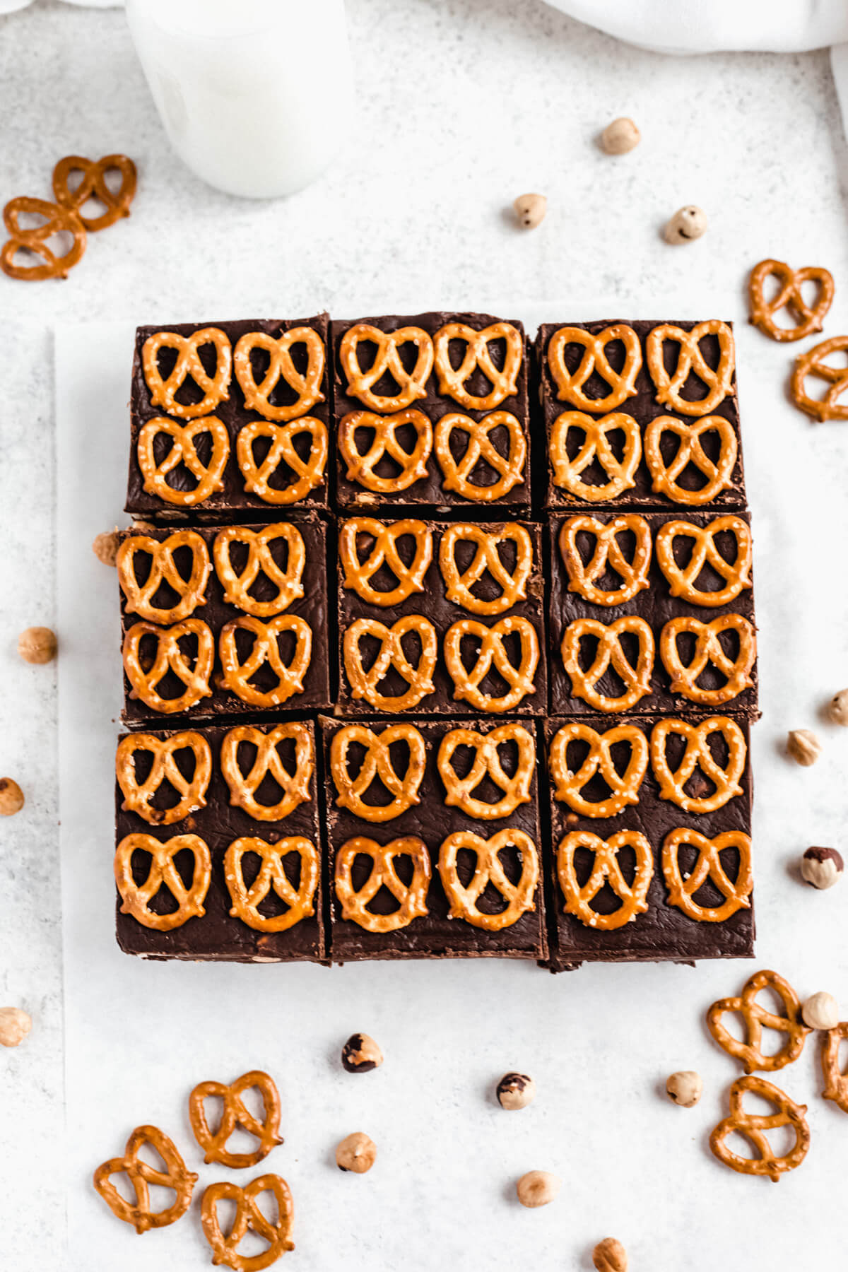 fudge and pretzels topped brownies