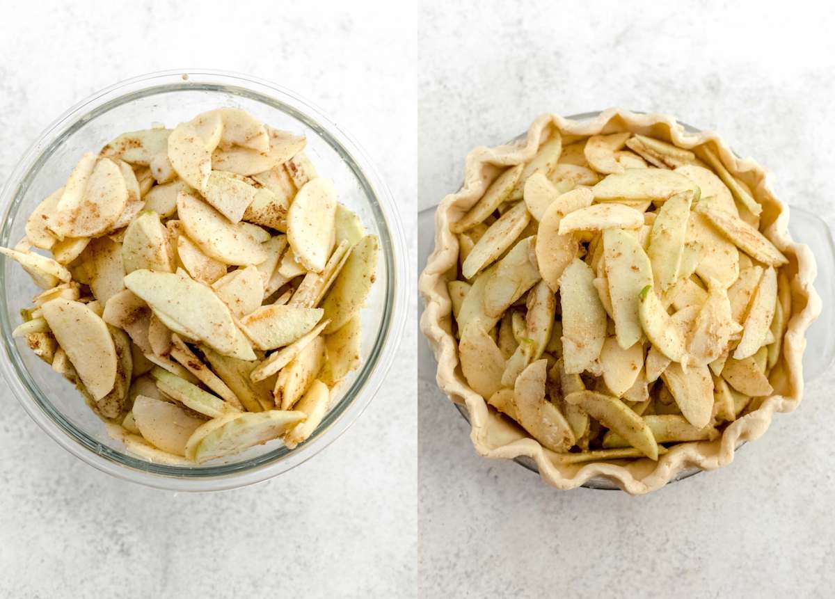 two photo collage of sliced cinnamon coated apples in a glass bowl and sliced apples in a pie crust