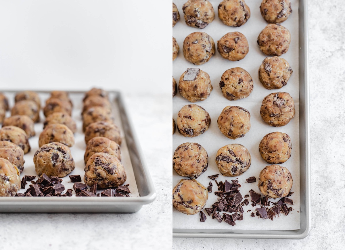 cookie dough balls on a parchment lined baking sheet