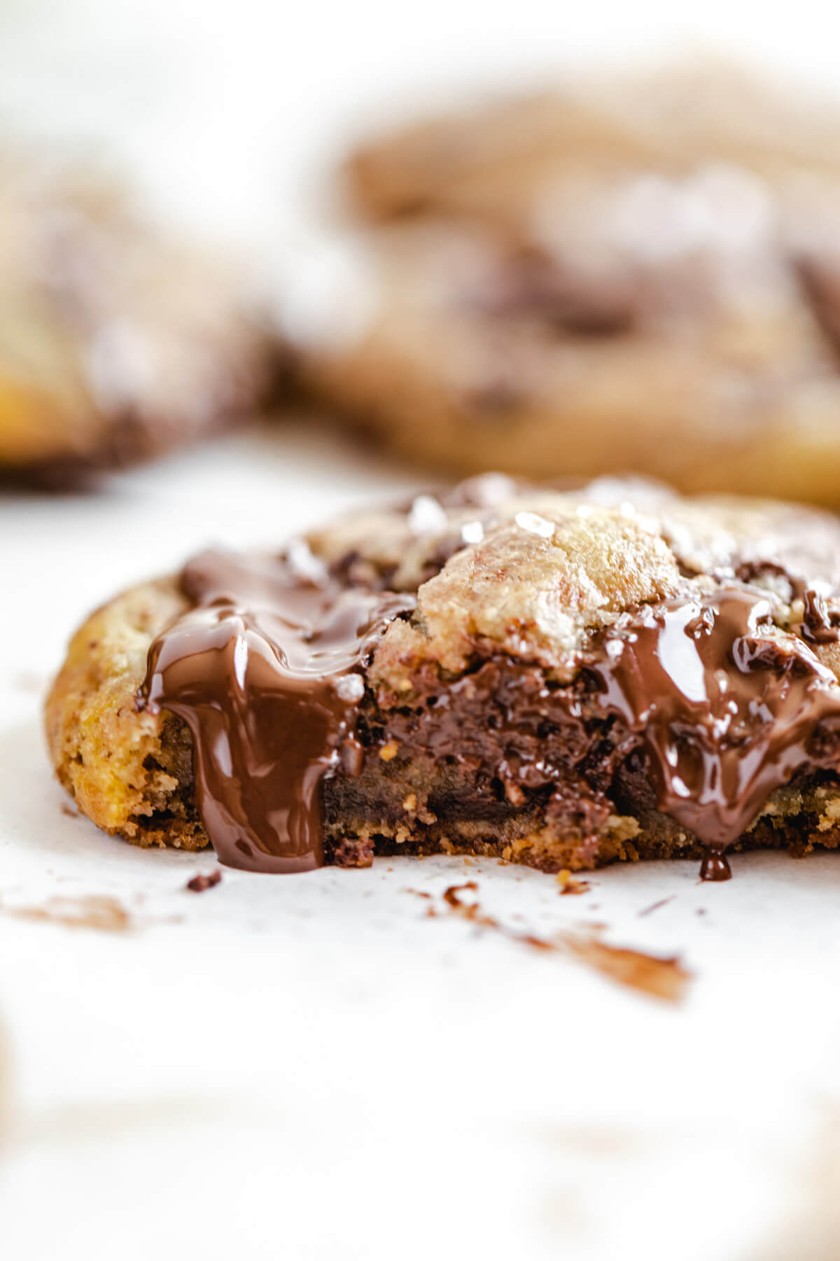 close up of half of a cookie with melted dark chocolate inside