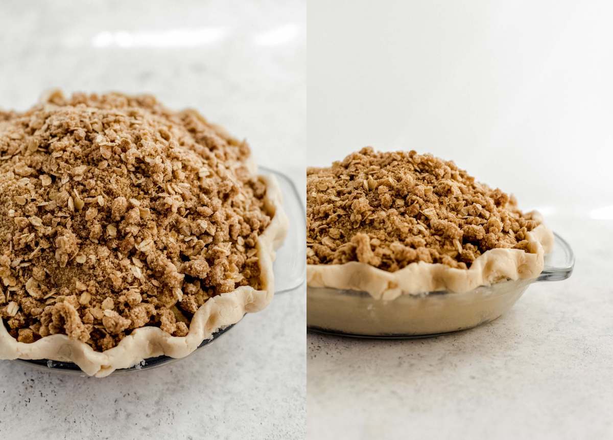 two photo collage of unbaked apple crumble pie