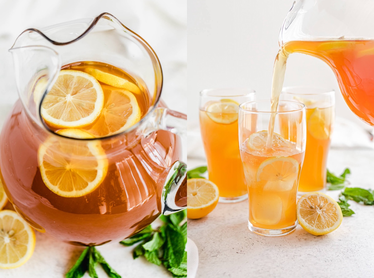 two photo collage of iced tea in a glass pitcher with lemon slices inside and pouring iced tea into a glass with ice and halved lemons