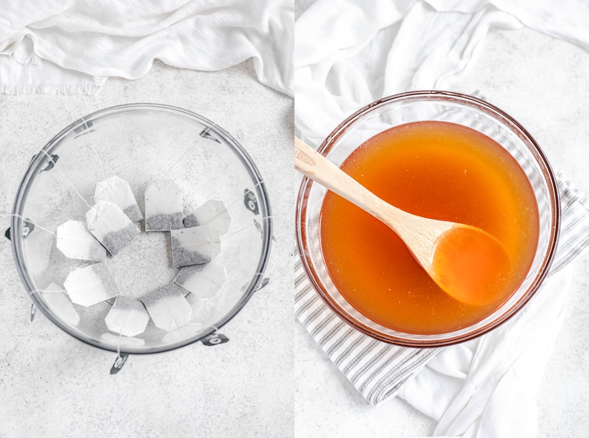 two photo collage of ten black tea bags in a large glass bowl and iced tea with a wooden spoon inside