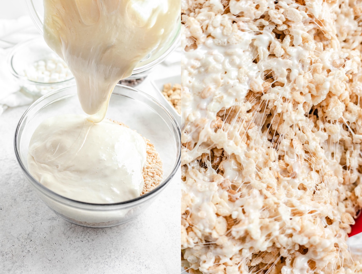 two photo collage of pouring melted marshmallows into a bowl of Rice Krispies cereal and a close up of combined Rice Krispies and marshmallow