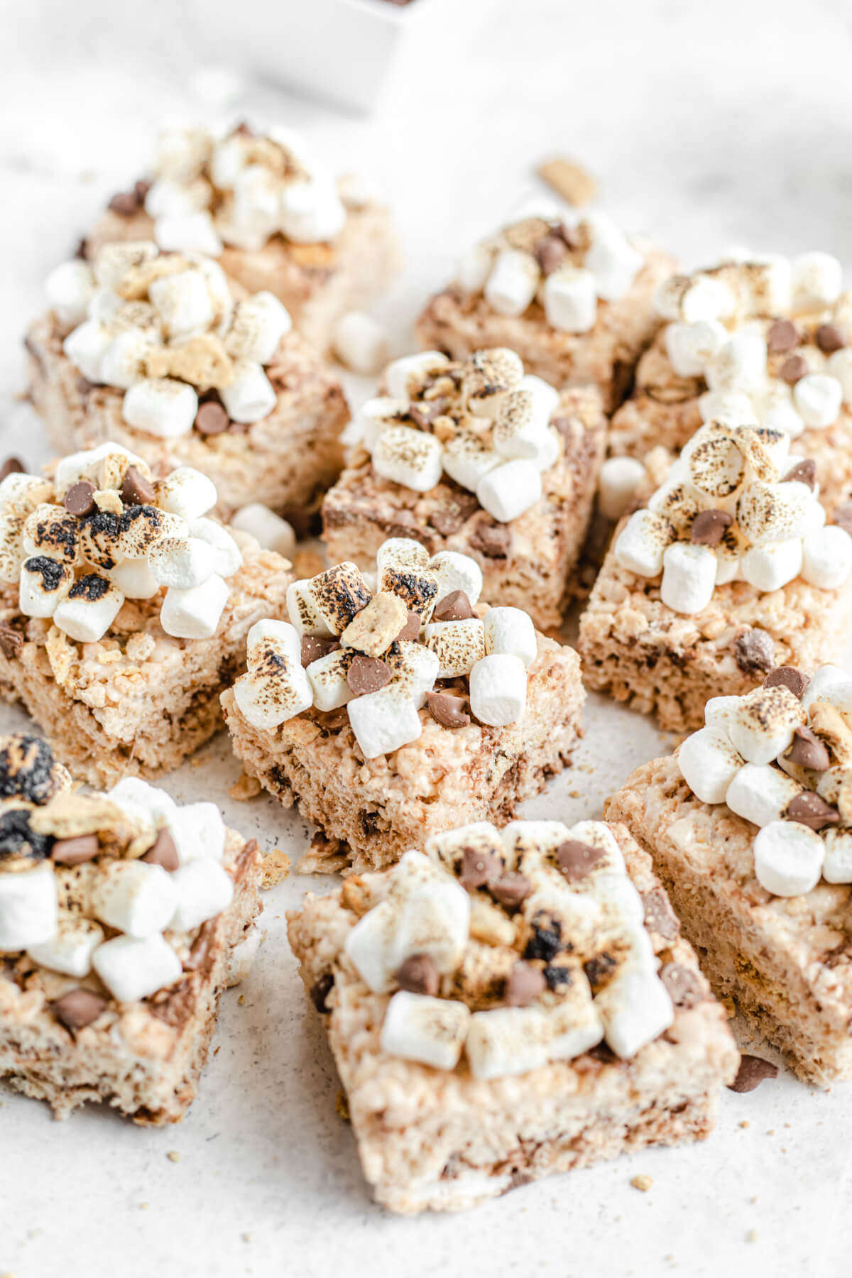 marshmallow, chocolate chip and graham cracker topped Rice Krispie treat bars