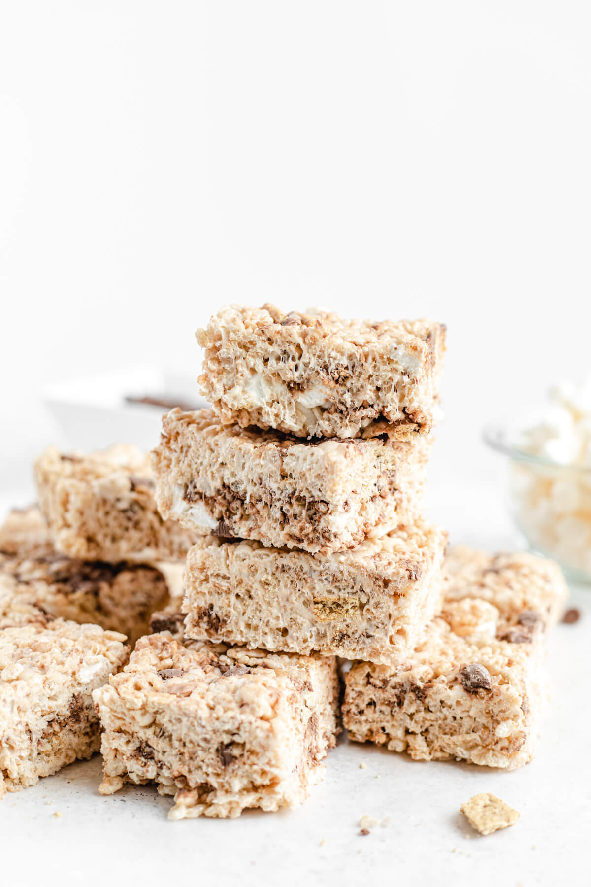 s'mores flavoured Rice Krispie bars stacked on top of each other