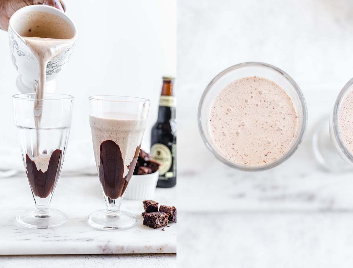 two photos showing milkshake being poured into a glass in image 1 and top view of milkshake inside the glass in image 2