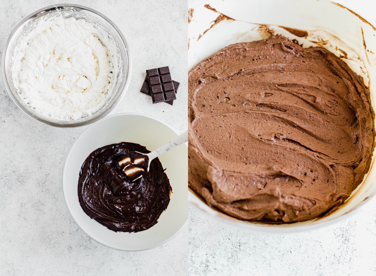 whipped cream and beer ganache in two separate bowls in image 1, both combined to make a mousse in image 2