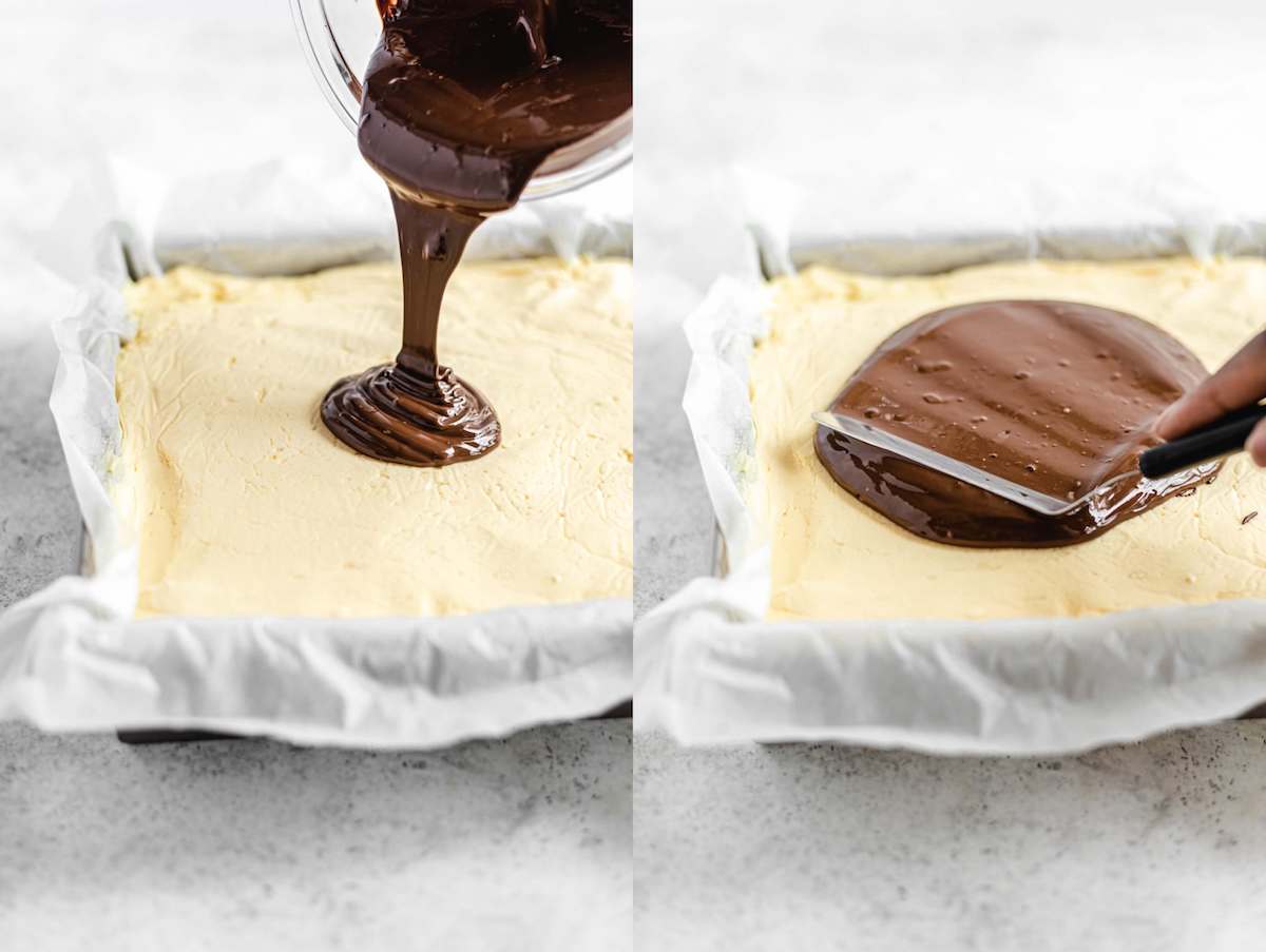 pouring and spreading melted chocolate onto custard buttercream layer