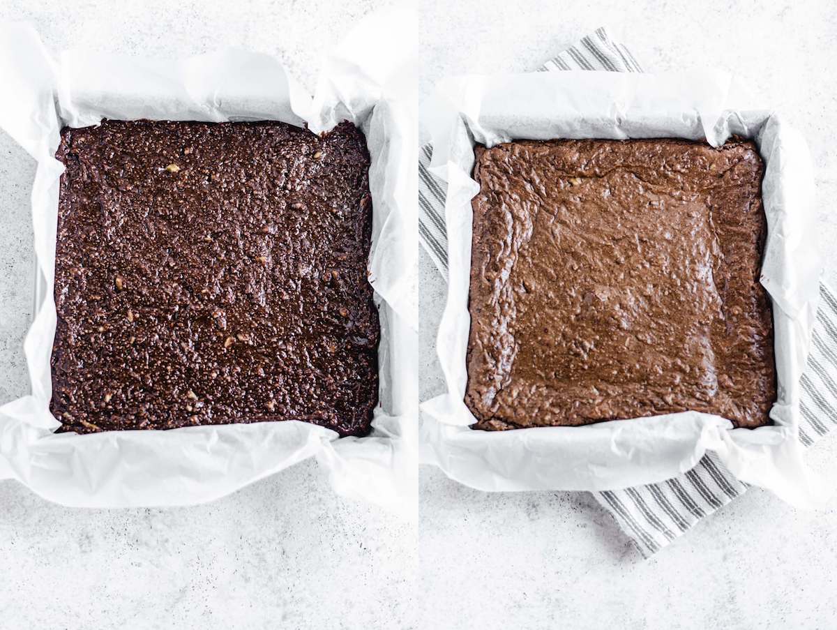 two photos showing brownies before and after they were baked