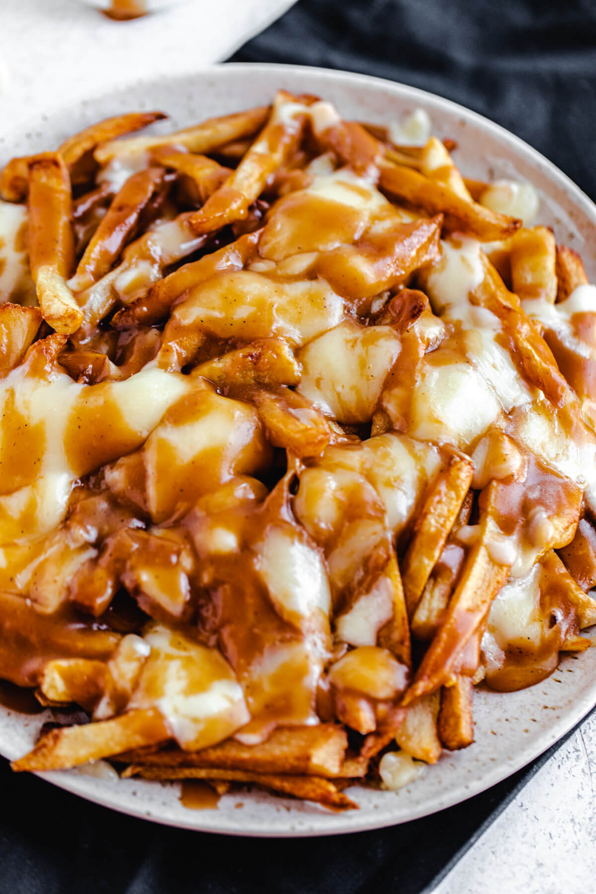 close up of fries, melted cheese and gravy on a round serving platter