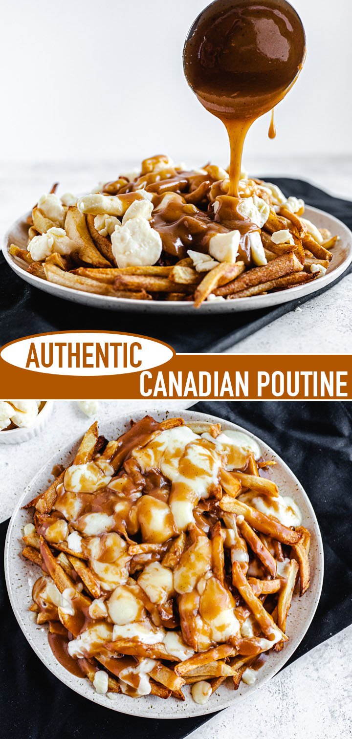 vertical collage image of poutine with recipe title in the middle of both photos