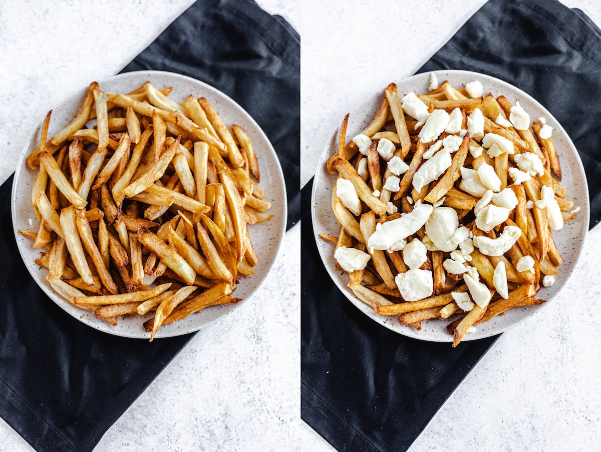 two photo collage top view of fries on a plate and fries with cheese curds on top