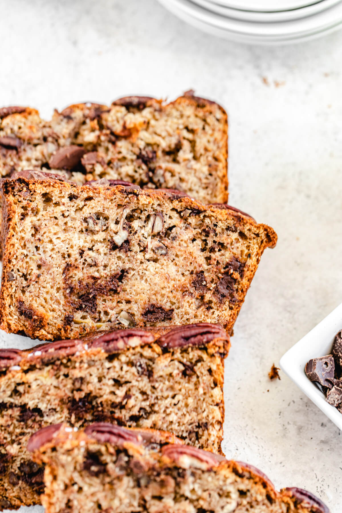 close up of banana bread slices laying on each other