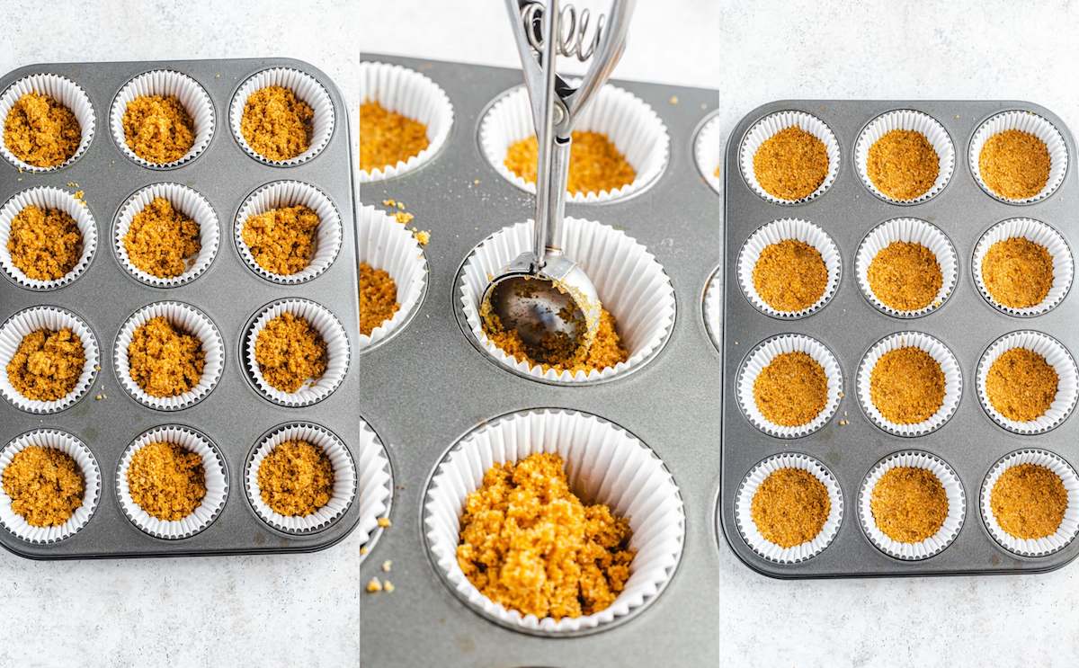 three photos showing graham cracker crust in cupcake liners, pressing the crust down with a cookie scoop and a shot of the finished crust