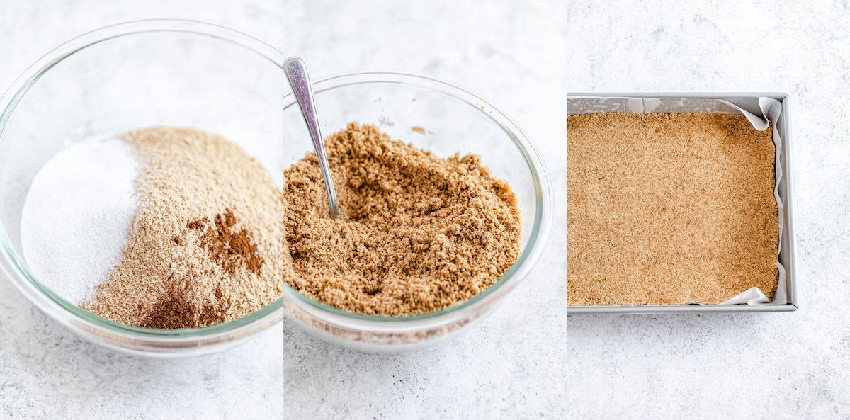 three photo collage showing graham cracker crumbs, sugar and cinnamon in a bowl, everything combined together and graham cracker crust pressed into pan