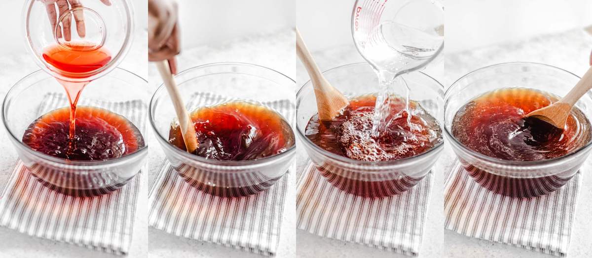 4 photo collage showing how to make iced tea, pouring in syrup and water and stirring