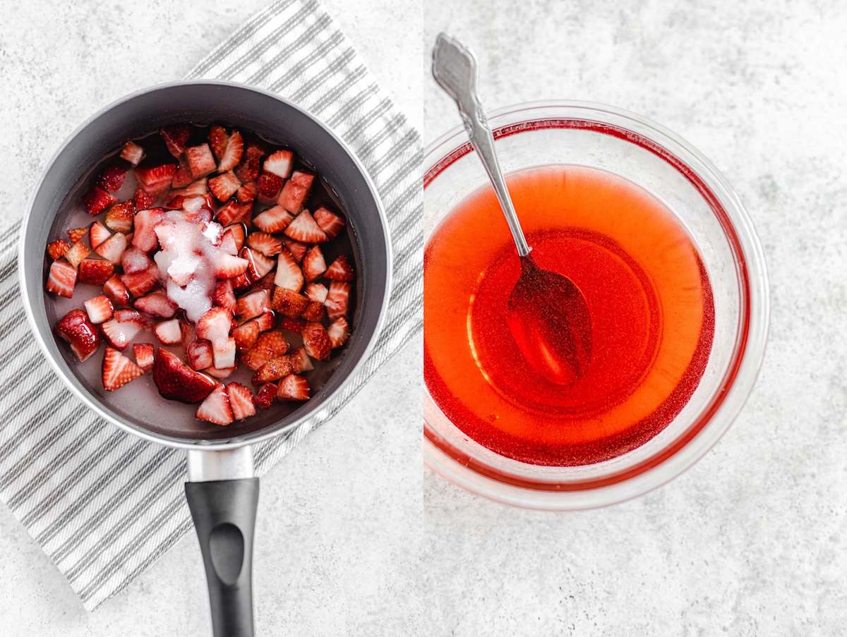two photo collage: diced strawberries, sugar and water in a saucepan on a striped dish towel in photo 1. Strawberry simple syrup in a glass bowl with a spoon in photo 2.