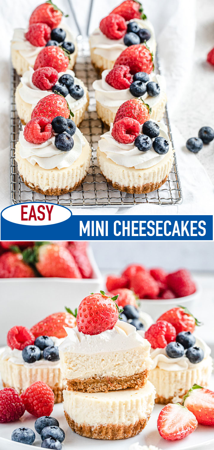 two photos of mini cheesecakes with the recipe title in the middle