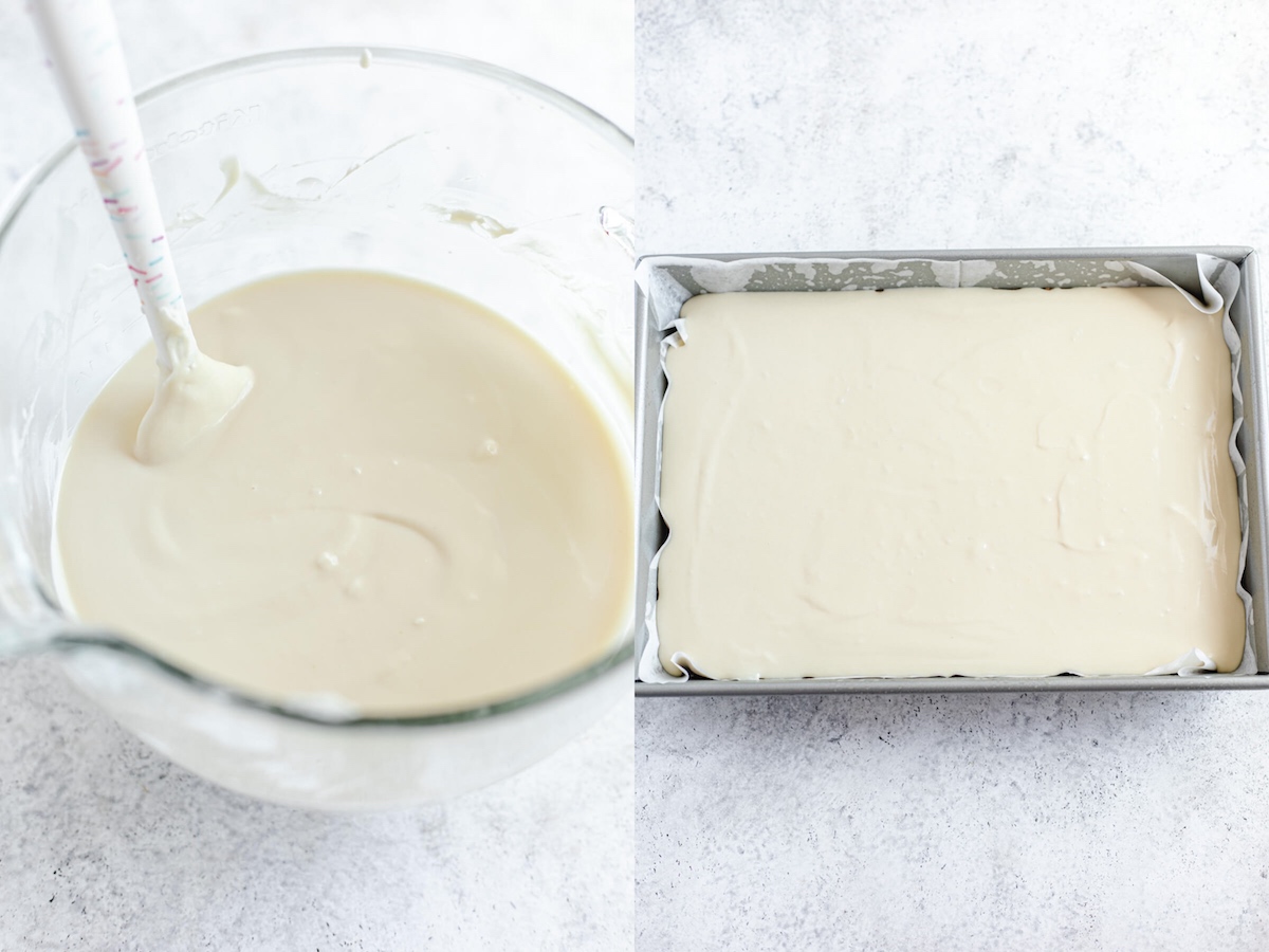two photo collage of cheesecake batter in a glass bowl and batter in a 9x13-inch pan