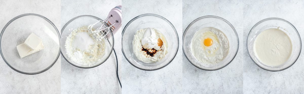 step-by-step visuals of how to mix vanilla cheesecake together