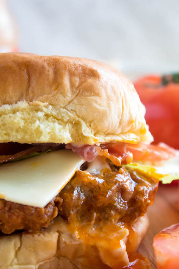 close up of fried chicken sandwich