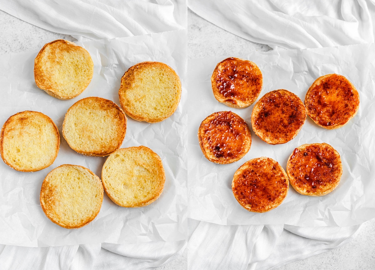 two photos of toasted burger buns and bbq sauce spread onto the buns